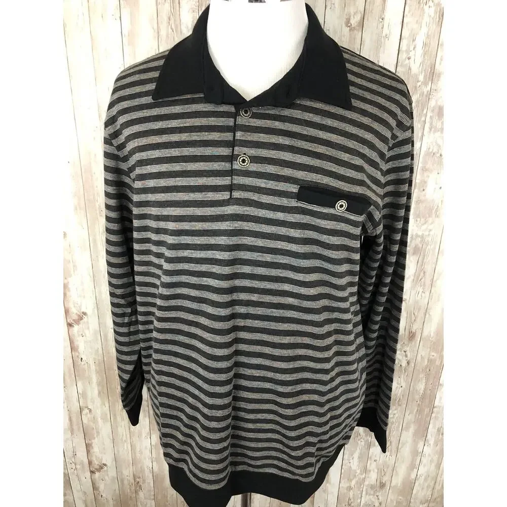 Alex Polo Shirt Mens 2XL Sweater Black Striped Pullover Long Sleeve N115